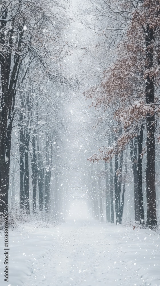 Naklejka premium Serene Forest Blanketed in Snowstorm