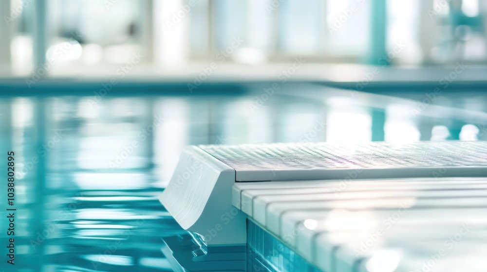 A swimming pool's starting block and grip surface, indoor setting with clear water reflections, Serene style A swimming pool's starting block and grip surface, indoor setting with clear water reflections, Serene style