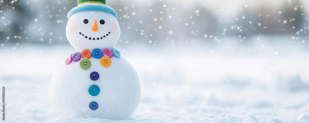 Fototapeta premium Snowman with rainbow buttons and a big smile, adding color to the snowy day