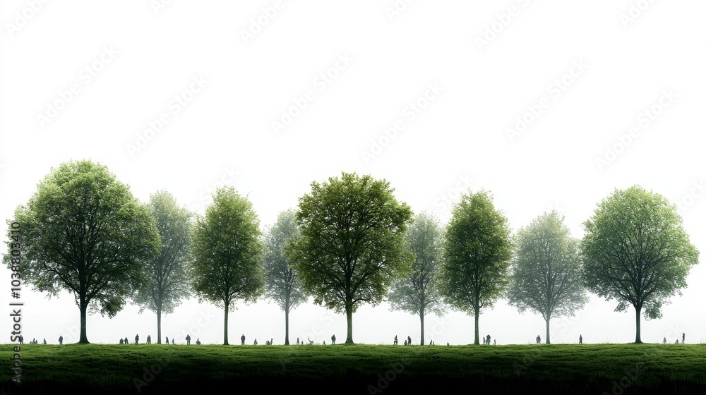 Obraz premium Ethereal Symmetry Serene Green Trees on White Background for Nature Blogs and Peaceful Concepts
