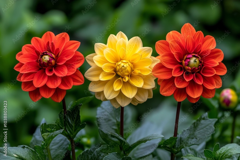 Fototapeta premium Dahlia flowers in a garden, with vibrant orange and yellow petals standing tall against lush green foliage