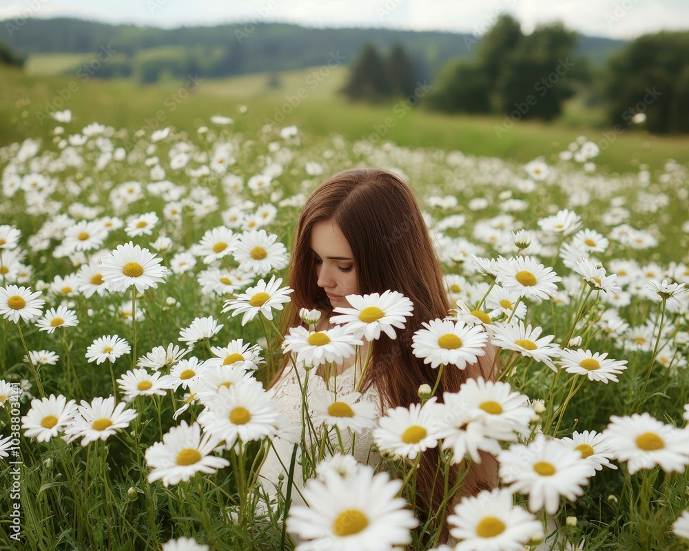 Tranquil Meadow Dream Close-Up of Serene Woman Amid White Daisies in Lush Field - Soft Lighting and Natural Beauty for Relaxation and Inspiration Tranquil Meadow Dream Close-Up of Serene Woman Amid White Daisies in Lush Field - Soft Lighting and Natural Beauty for Relaxation and Inspiration