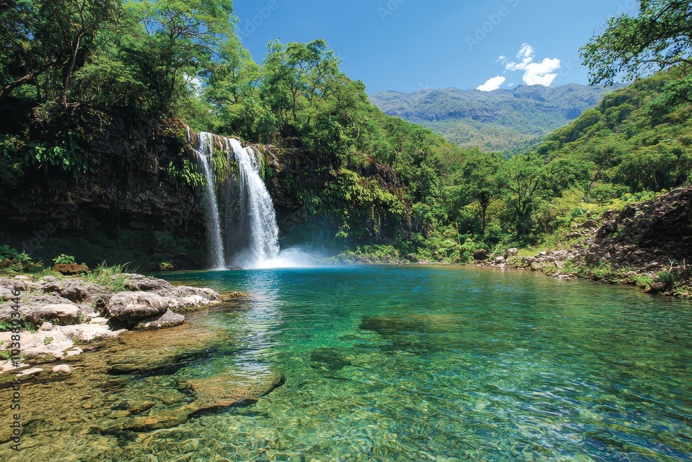 Fototapeta premium Serenity Falls Majestic Waterfall Cascade in Lush Green Landscape, Tranquil Turquoise Pool - Nature's Tranquility and Peaceful Oasis Outdoor Adventure and Relaxation (194 characters)