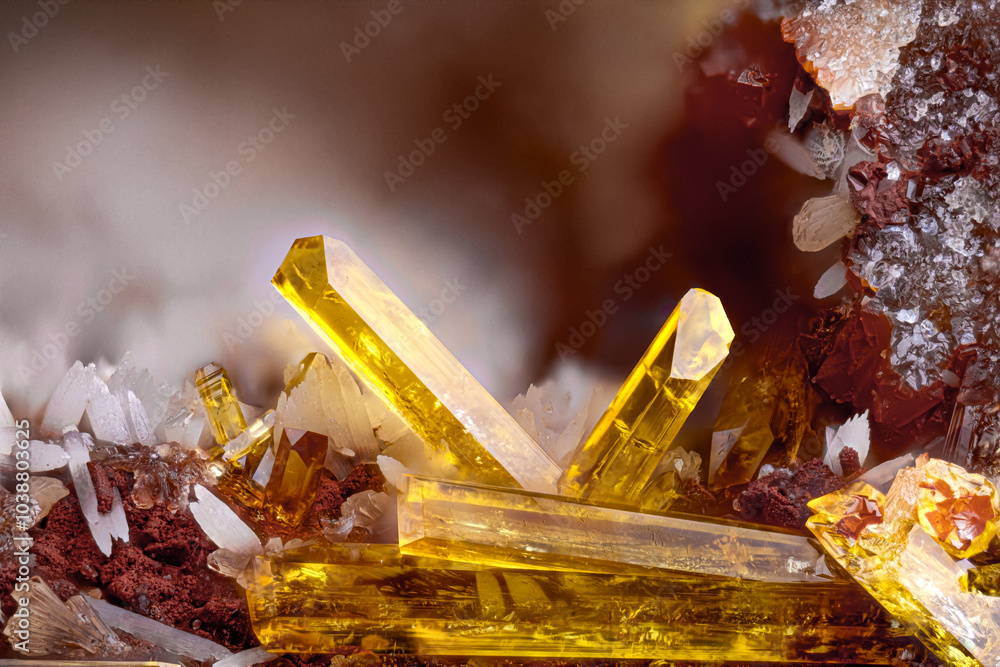 Yellow Legrandite and white calcite. Specimen from Ojuela Mine, Mapimi, Durango, Mexico. Micro photography extreme close-up. microscope mineral crystal photography for Scientific use. 