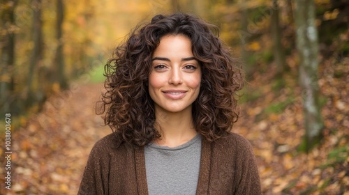 Intimate Portrait of Smiling Woman in Autumn Forest Serene Beauty in Nature Tranquil Outdoor Lifestyle Concept