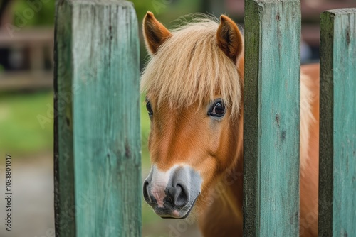 A curious pony peers through the pen s bars observing intrigued visitors photo