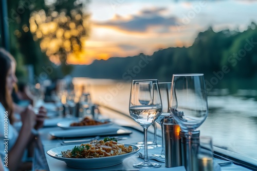 Dinner Cruise on Scenic River, People enjoying Meal with Stunning Sunset View, Dinner Cruise