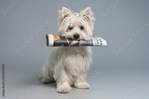 White shaggy dog ​​brought a fresh newspaper to his owner.