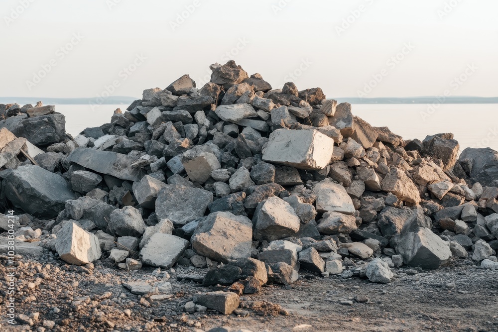 A desolate scene of scattered rocks among debris A desolate scene of scattered rocks among debris
