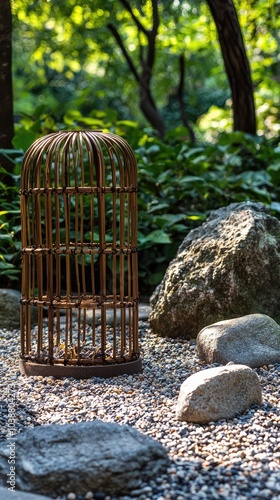 Serene Zen Garden with Bamboo Cage and Rocks photo