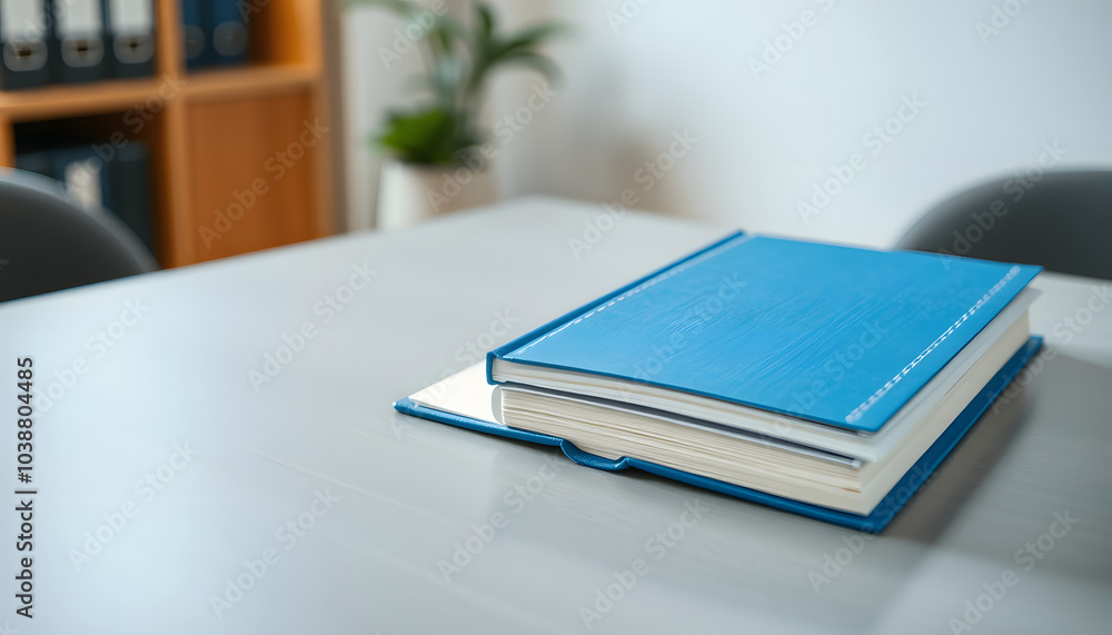 mental health concept. blue book on a gray office table. communication and information isolated with white highlights, png mental health concept. blue book on a gray office table. communication and information isolated with white highlights, png