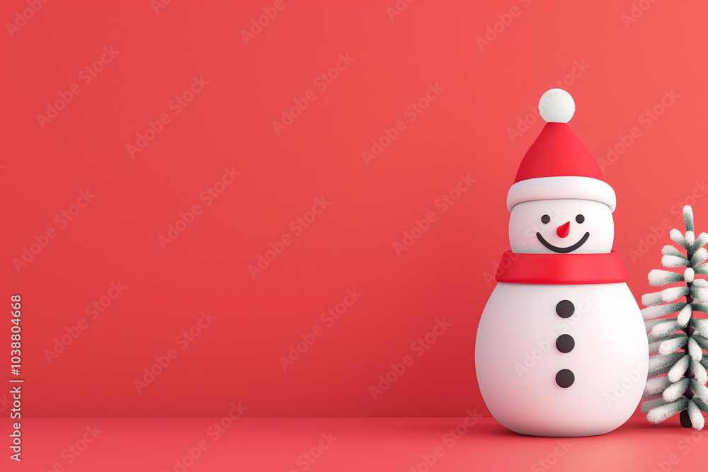 A cheerful snowman wearing a red hat and scarf stands beside a small pine tree on a bright red background. The snowman has a smiling face with a carrot nose and black buttons A cheerful snowman wearing a red hat and scarf stands beside a small pine tree on a bright red background. The snowman has a smiling face with a carrot nose and black buttons