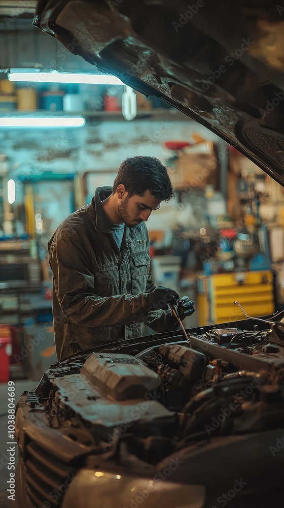 Skilled Automotive Technician Working Under Car Hood Skilled Automotive Technician Working Under Car Hood