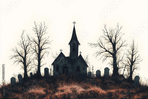 Gothic Churchyard Silhouette Haunting Spire, Lonely Trees, Melancholic Graves - Dark Halloween Scene for Eerie Designs photo