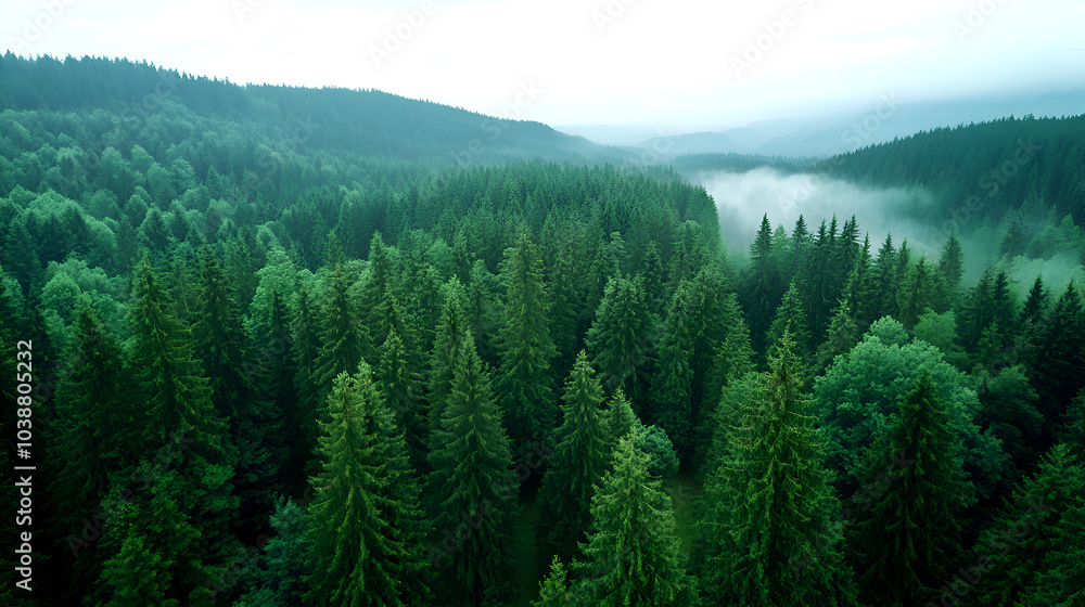 Fototapeta premium aerial view of dense green forest covered in morning mist, with layers of pine trees stretching across a serene mountain landscape under soft light