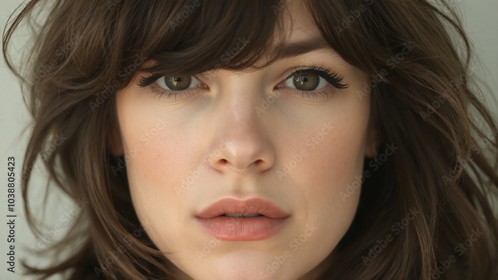 A young woman with striking green eyes and wavy brown hair during a close-up portrait session in natural light A young woman with striking green eyes and wavy brown hair during a close-up portrait session in natural light
