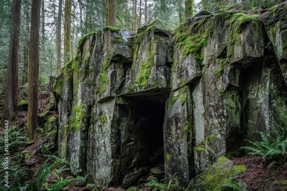 A forest rock wall of sizable irregular stone blocks adorned with green moss and ferns features a small cave in the middle A forest rock wall of sizable irregular stone blocks adorned with green moss and ferns features a small cave in the middle