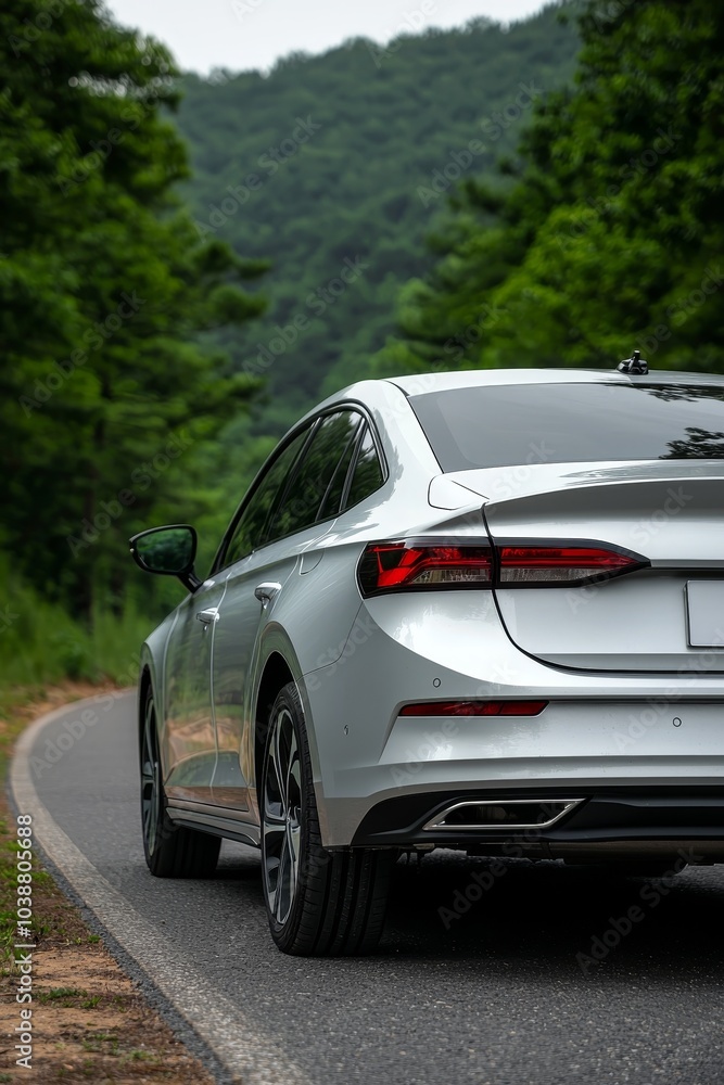Fototapeta premium Serene Silver Sedan Driving Through Green Forest - Tranquil Automotive Adventure