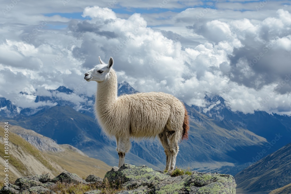 Fototapeta premium A domesticated South American camelid in the Andes with a cloudy sky behind