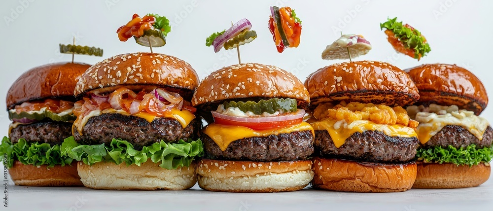 Gourmet Burger Selection in Mouthwatering Detail on White Surface - Savory, Customizable, Festive Food Spread for Culinary Delight