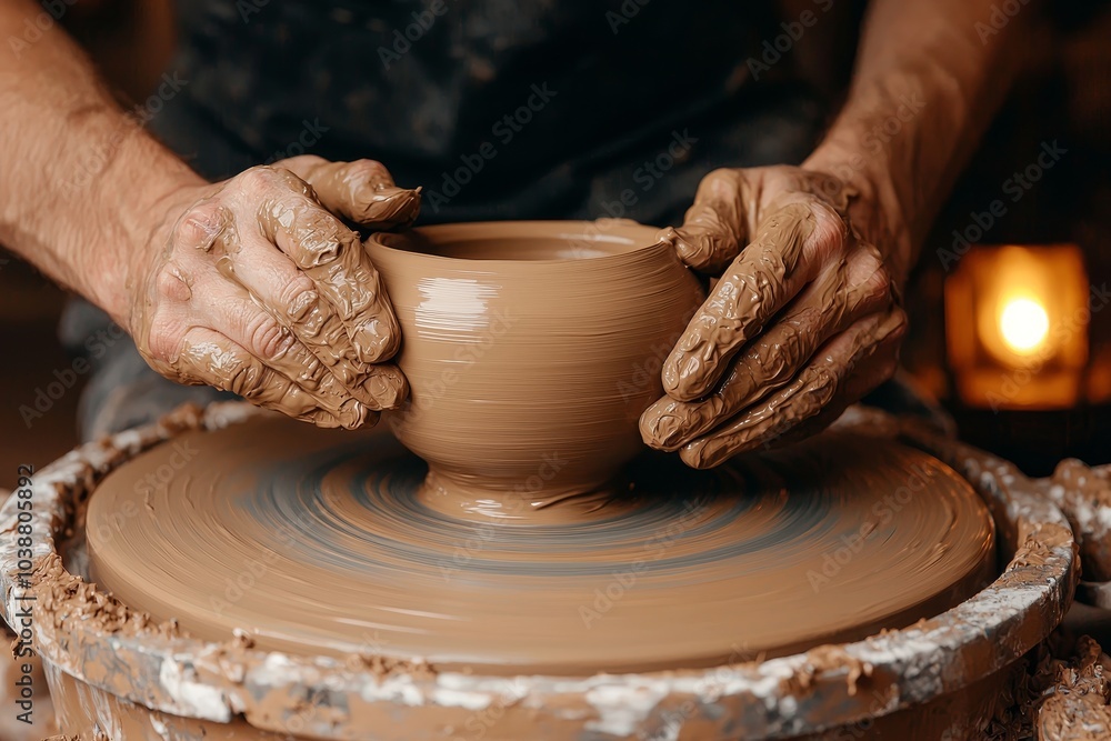 Artisan Potter Crafting Earthy Clay Pot Close-Up in Cozy Studio - Craftsmanship and Creativity Concept Artisan Potter Crafting Earthy Clay Pot Close-Up in Cozy Studio - Craftsmanship and Creativity Concept