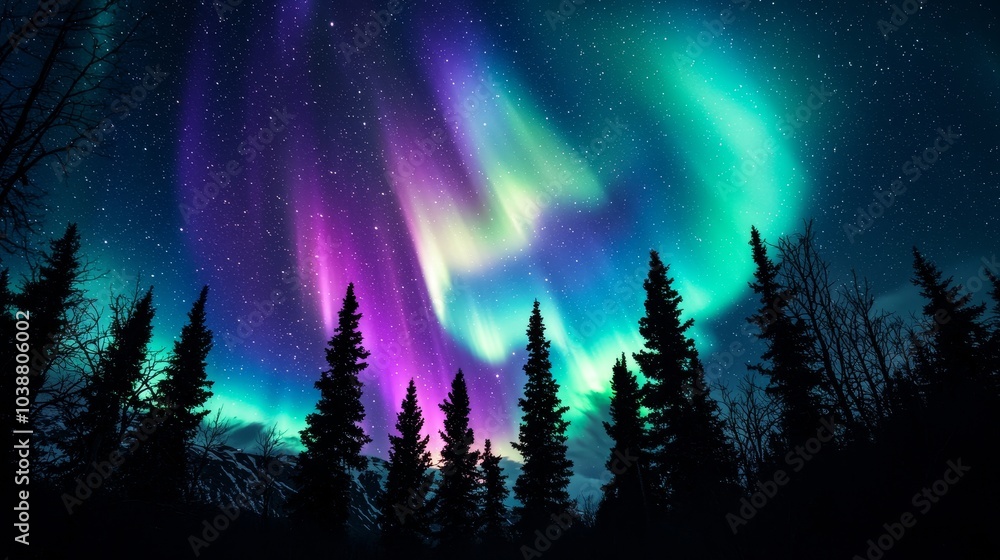 Enchanting Aurora Borealis Dance Over Silhouetted Evergreen Forest - Mystical Night Sky with Vibrant Green and Purple Lights, Tranquil and Awe-Inspiring Atmosphere Enchanting Aurora Borealis Dance Over Silhouetted Evergreen Forest - Mystical Night Sky with Vibrant Green and Purple Lights, Tranquil and Awe-Inspiring Atmosphere