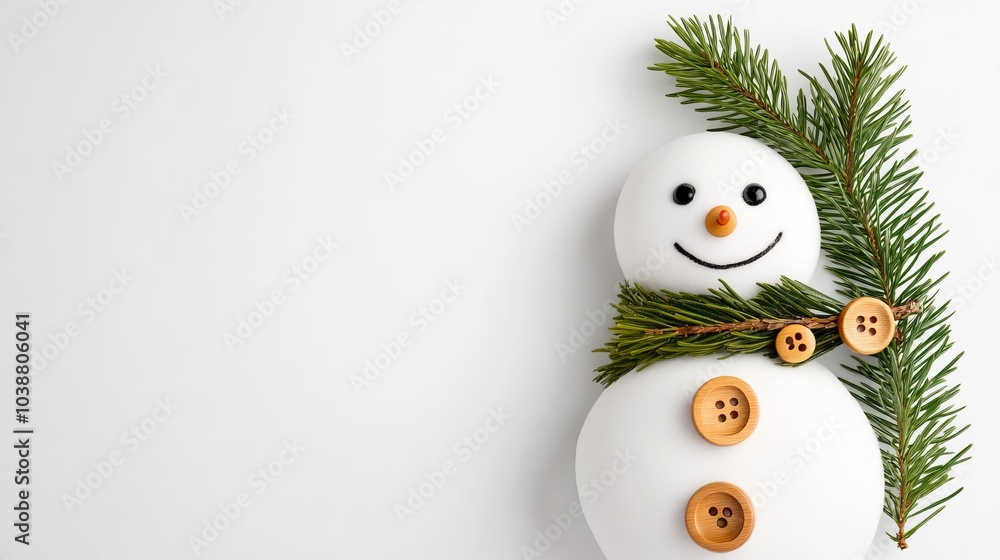 Snowman with wooden buttons and a pine branch for a scarf, natural winter beauty Snowman with wooden buttons and a pine branch for a scarf, natural winter beauty