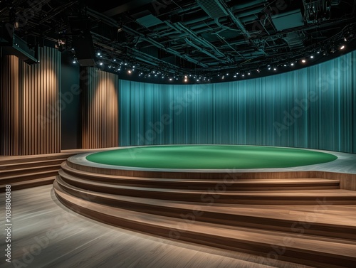 Elegant Circular Stage with Green Carpet in Modern Interior Setting, Architectural Design Concept for Events and Performances