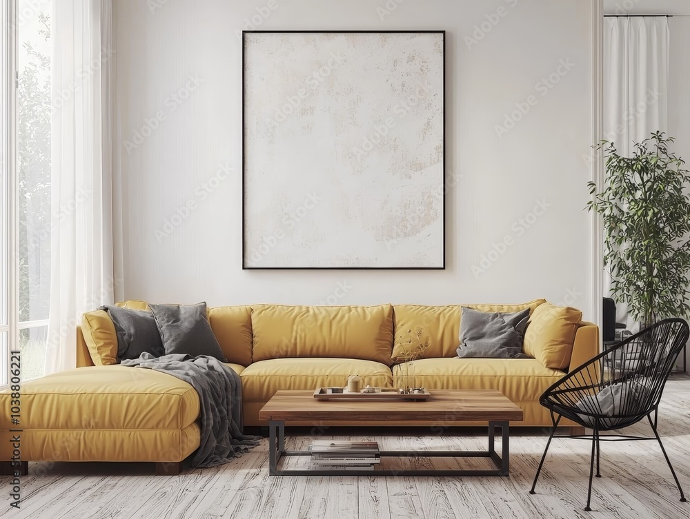 Fototapeta premium Luxurious Modern Living Room with Yellow Sectional Sofa, Symmetrical Layout, Relaxing Atmosphere - Interior Design Inspiration