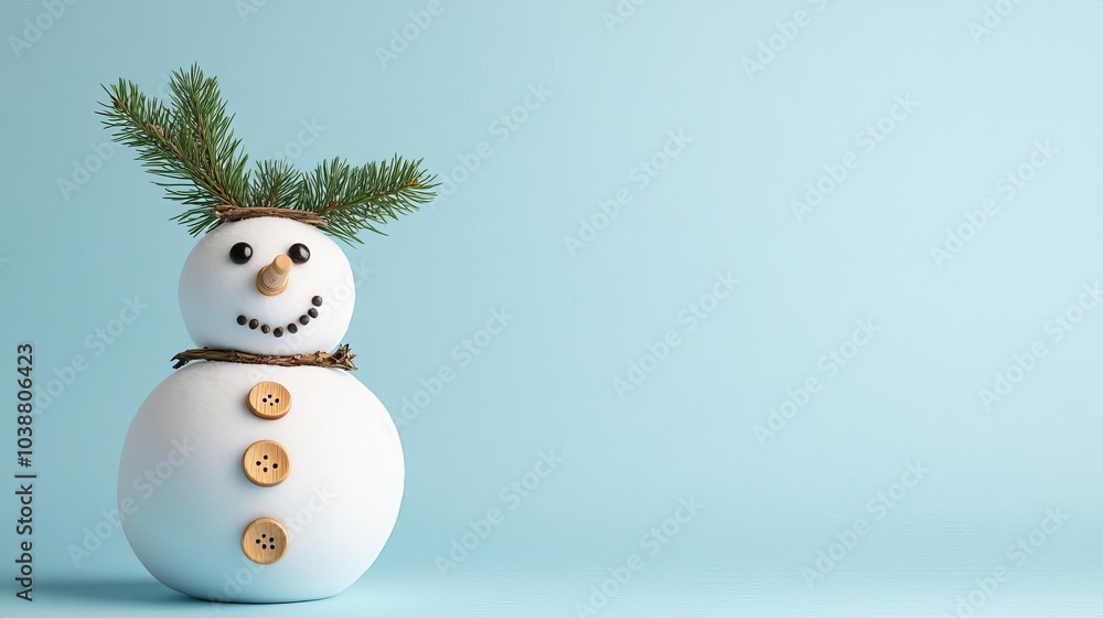 Snowman with wooden buttons and a pine branch for a scarf, natural winter beauty Snowman with wooden buttons and a pine branch for a scarf, natural winter beauty