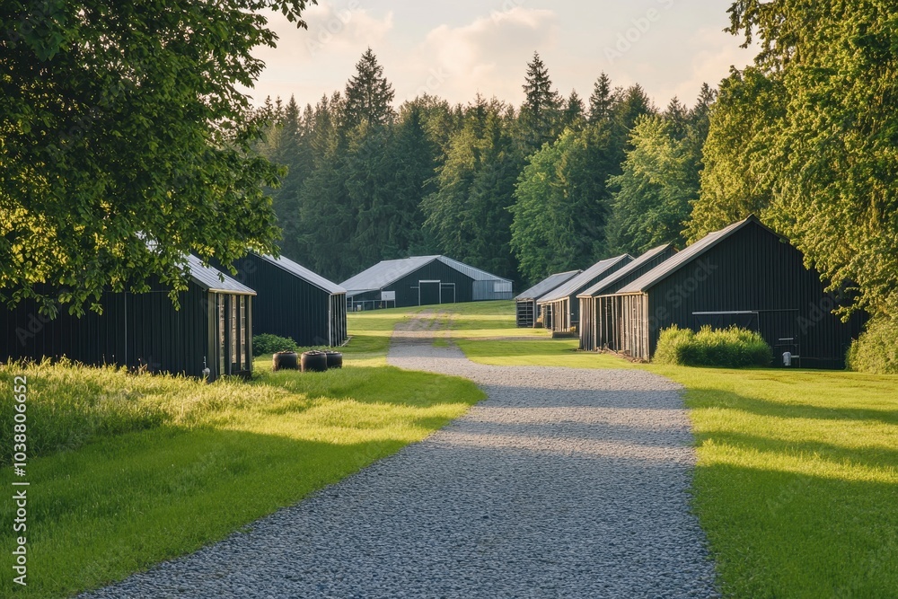 A lengthy gravel path approaches a farm featuring several single story metal structures with a tall green tree in front and vibrant green fields surrounding it A lengthy gravel path approaches a farm featuring several single story metal structures with a tall green tree in front and vibrant green fields surrounding it