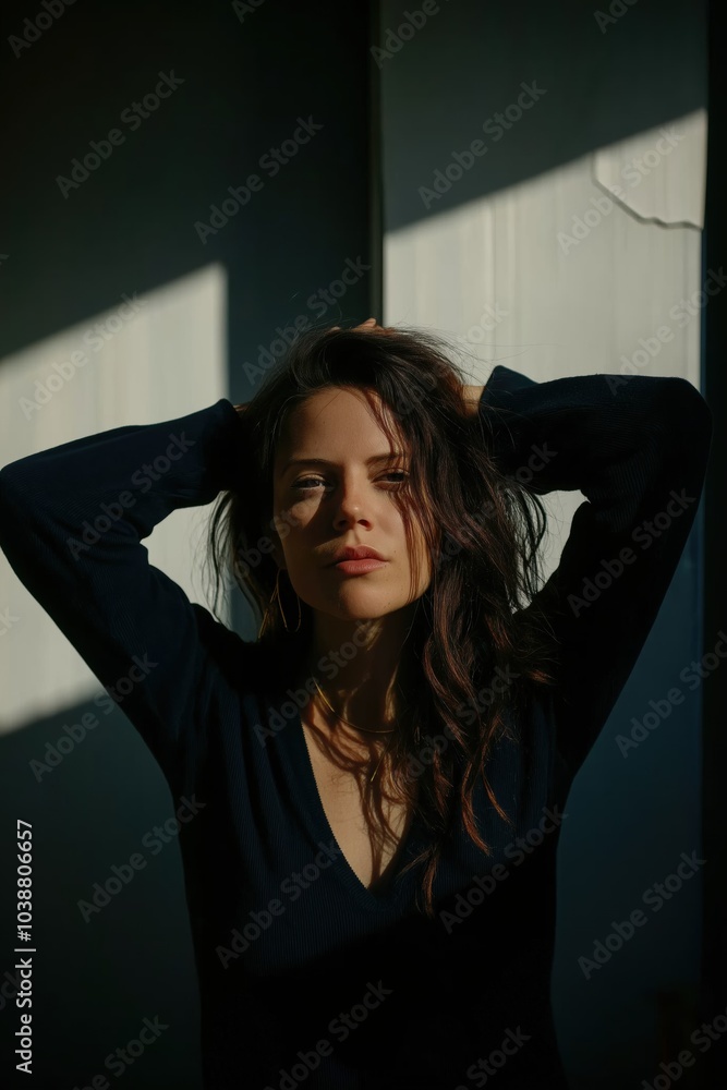 A woman with long hair is standing in front of a window, with her arms raised. The image has a moody and introspective feel, as the woman is lost in thought A woman with long hair is standing in front of a window, with her arms raised. The image has a moody and introspective feel, as the woman is lost in thought