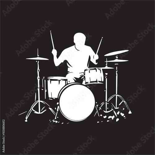 A drummer musician drumming drums in detailed silhouette