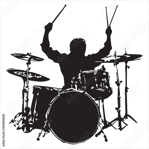 A drummer musician drumming drums in detailed silhouette