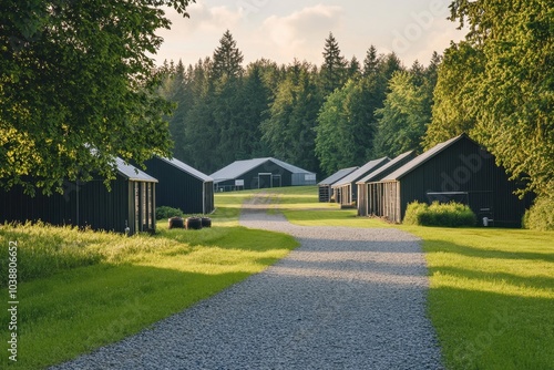 A lengthy gravel path approaches a farm featuring several single story metal structures with a tall green tree in front and vibrant green fields surrounding it