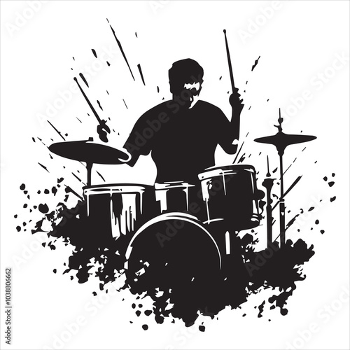 A drummer musician drumming drums in detailed silhouette