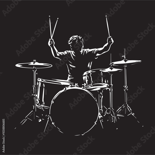 A drummer musician drumming drums in detailed silhouette