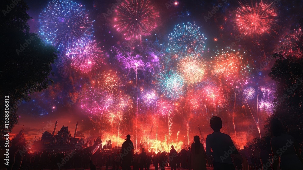 A hyper-realistic image of fireworks lighting up the sky above a festival, with intricate explosions in vibrant hues. A hyper-realistic image of fireworks lighting up the sky above a festival, with intricate explosions in vibrant hues.