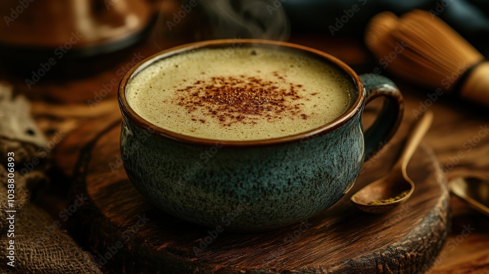 Warm green tea in a rustic cup with a sprinkle of spices and wooden utensils Warm green tea in a rustic cup with a sprinkle of spices and wooden utensils