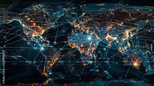 Colorful map of the world with many lines and dots. The map is lit up with a variety of colors, giving it a vibrant and dynamic appearance photo