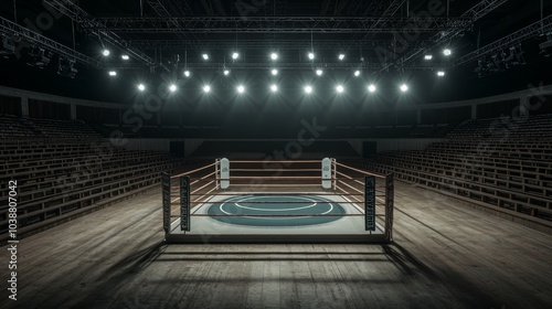Intense Boxing Ring Arena Symmetrical Close-up of Dark Blue Canvas Floor, Wooden Bleachers, and Spotlit Ring in Empty, Dramatic Stadium - Sporting Event Concept