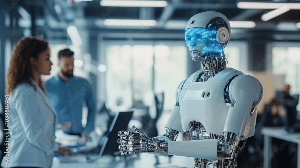 humanoid robot interacts with woman in modern office environment, showcasing advanced technology and collaboration. scene reflects innovation and teamwork in professional setting humanoid robot interacts with woman in modern office environment, showcasing advanced technology and collaboration. scene reflects innovation and teamwork in professional setting