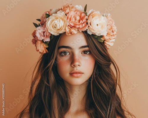 Serene Beauty - Close-Up Portrait of Young Woman with Flower Crown on Peach Background