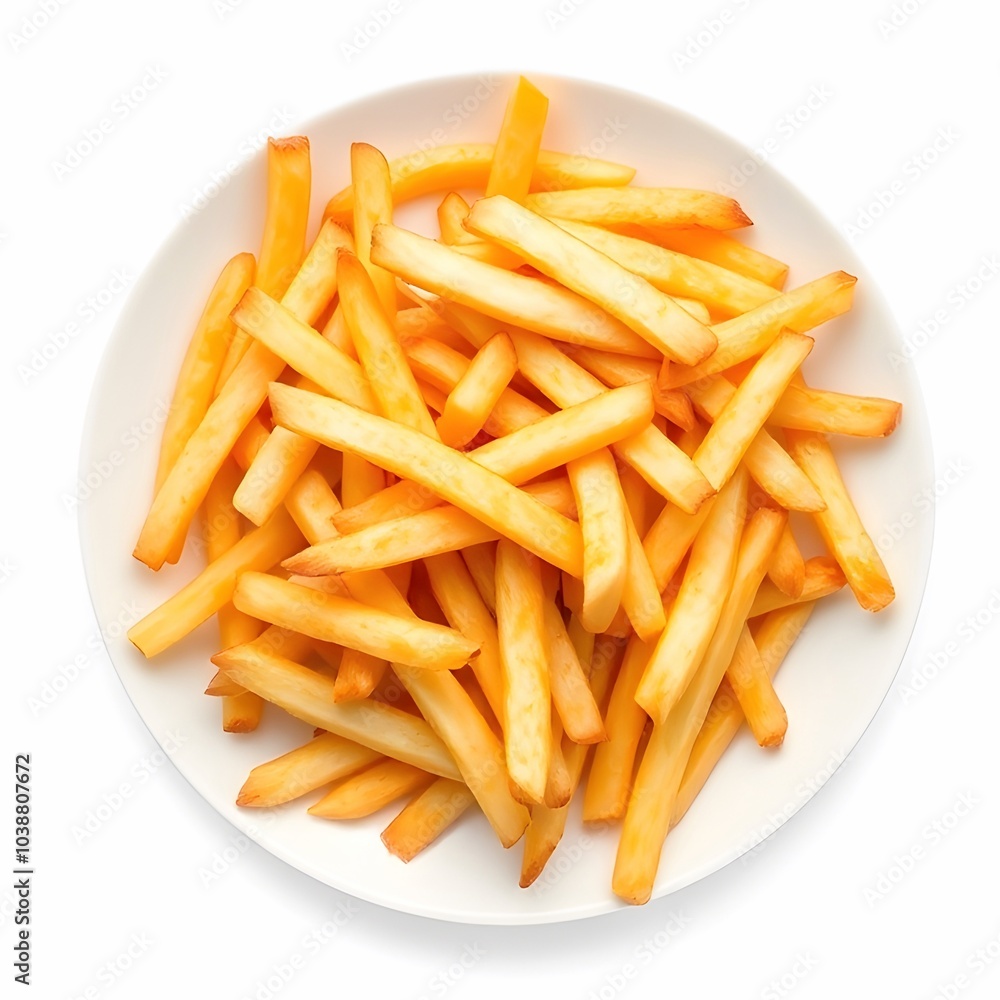 A white plate of crispy french fries A white plate of crispy french fries