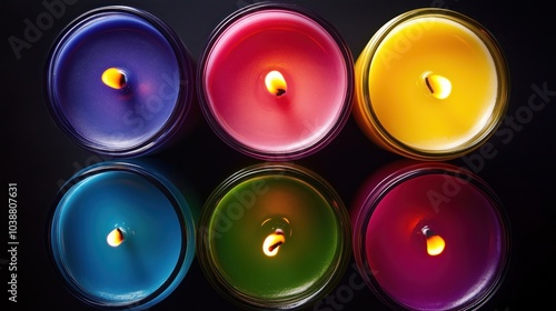 A collection of colorful candles glowing warmly against a dark background, showcasing their vivid hues and flames. photo