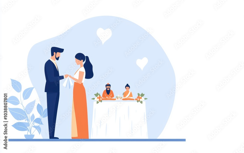 Illustration of a groom tying his tie while standing next to a wedding altar with Hindu gods, blending tradition and elegance Illustration of a groom tying his tie while standing next to a wedding altar with Hindu gods, blending tradition and elegance