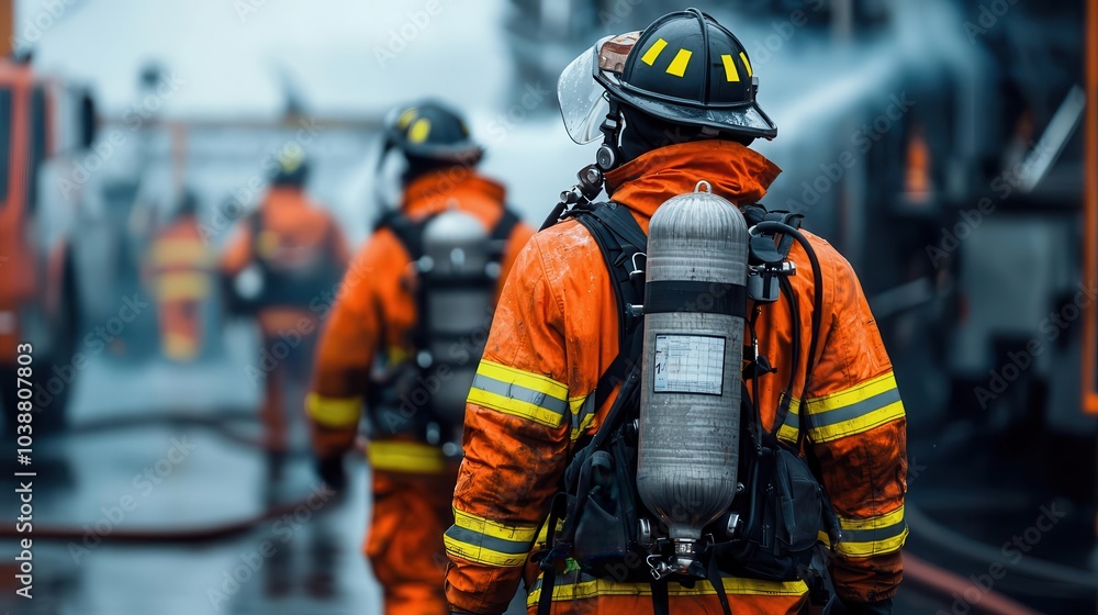 Fototapeta premium Firefighters with breathing apparatus battling a chemical spill fire, hazardous materials response, dangerous industrial firefighting