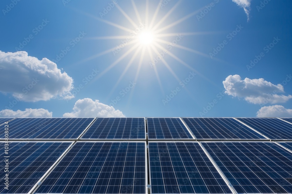 Sunlit Solar Panels Sustainable Energy Harvesting Bliss Against Azure Sky - Environmental Innovation Concept Sunlit Solar Panels Sustainable Energy Harvesting Bliss Against Azure Sky - Environmental Innovation Concept