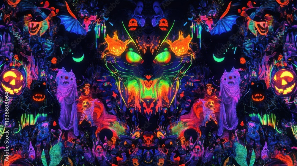 A kaleidoscope of Halloween creatures in neon colors, including glowing black cats, vampires, and friendly ghosts in a fantasy setting. A kaleidoscope of Halloween creatures in neon colors, including glowing black cats, vampires, and friendly ghosts in a fantasy setting.