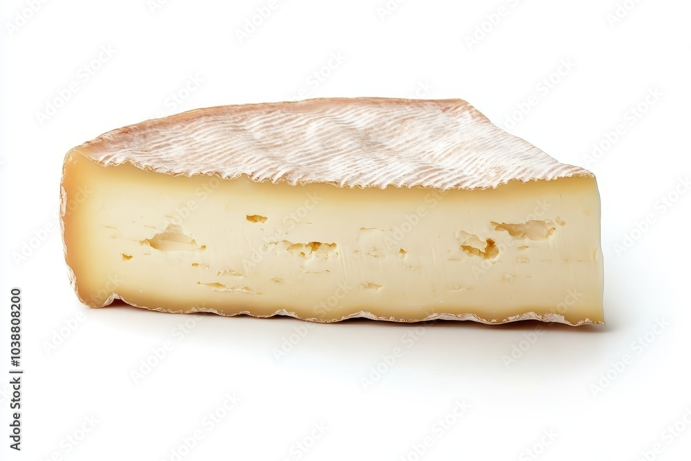 A piece of Reblochon cheese Limburger Munster Taleggio Fontino Tilsit rests on a white surface Separated A piece of Reblochon cheese Limburger Munster Taleggio Fontino Tilsit rests on a white surface Separated